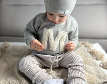 Initialen OVERSIZE Sweater, Baby Sweater, Kinder Sweater, Rib Jersey, Teddy, Sherpa, Plüsch, Buchstabe, Pullover, versch. Farben