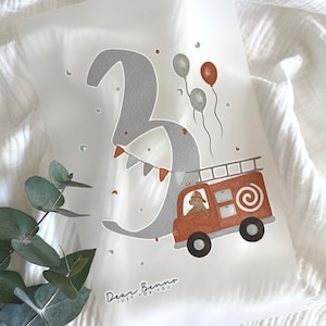 Bügelbild Geburtstag 3-6,Feuerwehrauto, Alter, Party, A5,Kinder, Bügelbilder, aufbügeln,Patches, Stoff Aufnäher, Aquarell Waldtiere