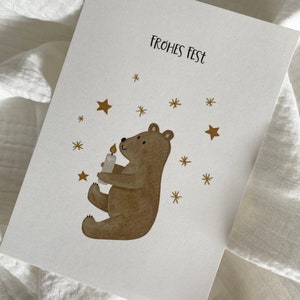 Weihnachtskarte Frohes Fest, Bär, Sterne, Postkarten Weihnachten, Grußkarte, Frohe Weihnachten, Weihnachtspost, Christmas, Aquarell Karten