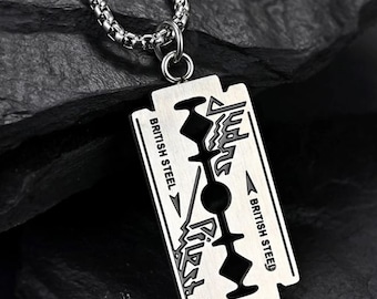 Judas Priest Silver Color British Steel Necklace and Razor Blade Pendant  new
