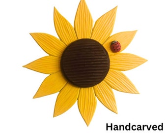 Handcarved Sunflower Wall Art, Rustic Wooden Outdoor Decor, Perfect for Front Door, Housewarming Gift, Handmade Sunflower Hanging Decor