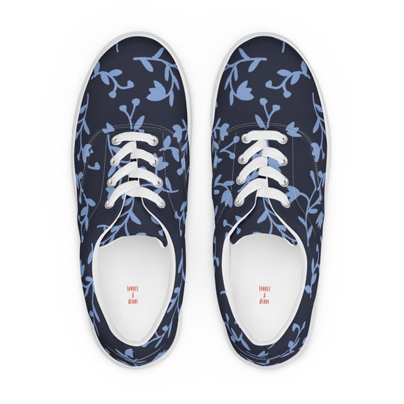 Blue Floral Mens Lace-up Canvas Shoes 