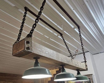 Rustic Wooden Beam Light Fixture with Three Lights and Metal Chain Link.Handcrafted Farm house Decor. Industrial Lighting Style Ceiling Lamp