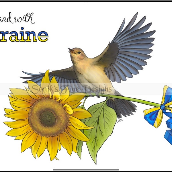 Stand avec l’Ukraine, support ukrainien téléchargement de peinture numérique (tournesol + rossignol). Affiche inspirante de haute qualité taille fine art.