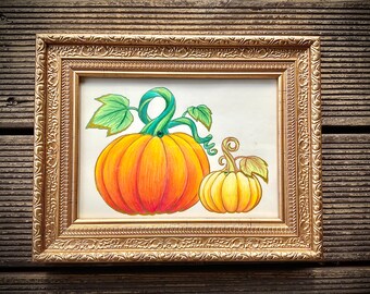 Arte originale con matite colorate di zucca, cornice dorata, decorazione autunnale