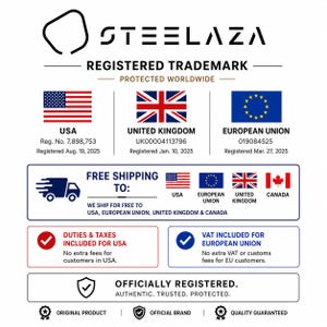 May include: A graphic with the Steelaza logo and text indicating registered trademark status. It includes flags of the USA, UK, and EU, with registration details. The image also states free shipping to the USA, EU, UK, and Canada.