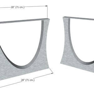 May include: Two silver metal table legs with a curved design. Each leg measures 28 inches in length, 3.15 inches in width, and 28 inches in height.