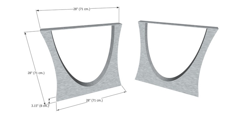 May include: Two silver metal table legs with a curved design. Each leg measures 28 inches in length, 3.15 inches in width, and 28 inches in height.