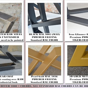 May include: Close-up of six different metal table legs in various finishes, including raw steel, black, gold, and clear coat. The text "WE CAN OFFER 1000+ COLORS. ALL STANDARD RAL COLORS CAN BE ORDER IT!" is visible at the bottom of the image.
