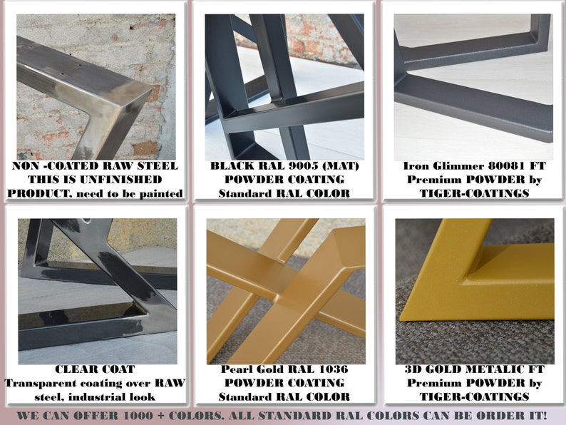 May include: Close-up of six different metal table legs in various finishes, including raw steel, black, gold, and clear coat. The text "WE CAN OFFER 1000+ COLORS. ALL STANDARD RAL COLORS CAN BE ORDER IT!" is visible at the bottom of the image.