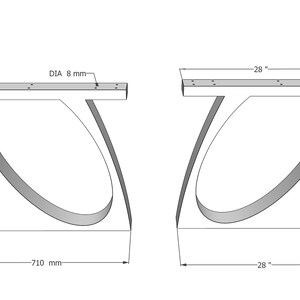 May include: A pair of white metal table legs with a curved design. Each leg is 28 inches wide and 710 millimeters long. The legs are designed to support a table top that is 80 millimeters thick.