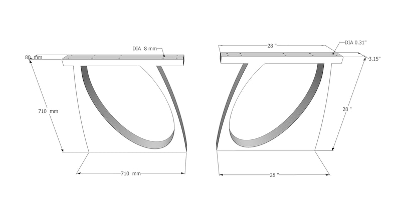 May include: A pair of white metal table legs with a curved design. Each leg is 28 inches wide and 710 millimeters long. The legs are designed to support a table top that is 80 millimeters thick.