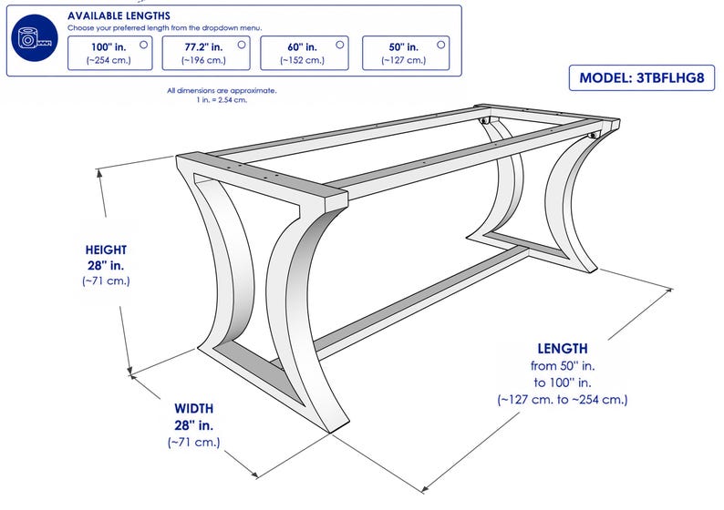 Op de afbeelding: Een witte lijntekening van een rechthoekig tafelonderstel met gebogen poten, model 3TBFLHG8. Het onderstel heeft een hoogte van 71 cm, een breedte van 71 cm en beschikbare lengtes van 127 cm tot 254 cm, zoals aangegeven in het diagram.
