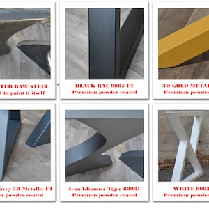 May include: A collection of table leg samples in various colors and finishes. The options include non-coated raw steel, black, gold, anthracite grey, iron glimmer, and white. Each sample has text describing the finish.