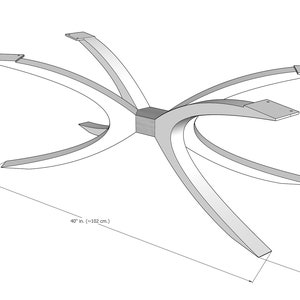 Puede incluir: Una base de mesa de metal blanco con seis patas curvas. La base tiene 40 pulgadas (102 cm) de ancho, 20 pulgadas (508 mm) de largo y 18 pulgadas (457 mm) de alto.