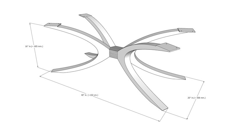 Puede incluir: Una base de mesa de metal blanco con seis patas curvas. La base tiene 40 pulgadas (102 cm) de ancho, 20 pulgadas (508 mm) de largo y 18 pulgadas (457 mm) de alto.