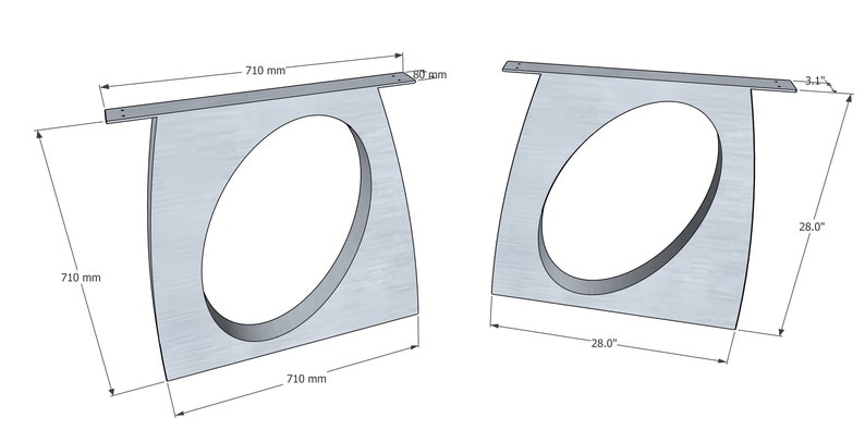 May include: Two metal panels with a circular cutout, each measuring 28 inches by 710 millimeters. The panels have a silver finish and are designed for use as a decorative element.