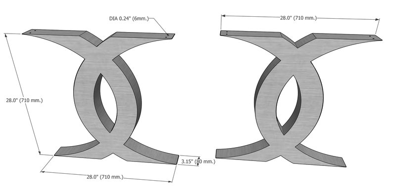 Puede incluir: Un par de patas de mesa de metal con un dise&ntilde;o &uacute;nico, curvo e interconectado. Las patas miden 710 mm de ancho y 80 mm de alto. El metal tiene un di&aacute;metro de 6 mm.
