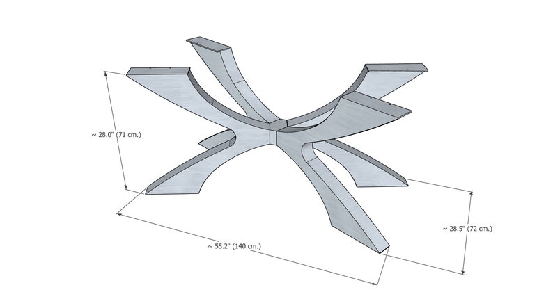 May include: A silver-colored table base with a unique, geometric design. The base is approximately 55.2 inches (140 cm) long and 28 inches (71 cm) high, with a width of 28.5 inches (72 cm).