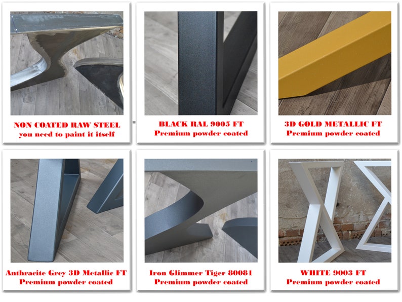 May include: Close-up of six different table leg finishes. The options include raw steel, black, gold, gray, dark gray, and white. All finishes are powder coated except for the raw steel option.