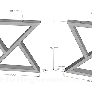 May include: A pair of metal table legs with a triangular design. The legs are 27.95 inches wide and 3.15 inches deep. The legs are made of metal with a diameter of 0.31 inches.
