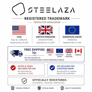 Op de afbeelding: Een witte informatieve afbeelding met de zwarte tekst STEELAZA en de zin REGISTERED TRADEMARK PROTECTED WORLDWIDE. Het toont vlaggen voor de VS, het VK en de EU met registratienummers, plus iconen voor gratis verzending en belastingdetails.