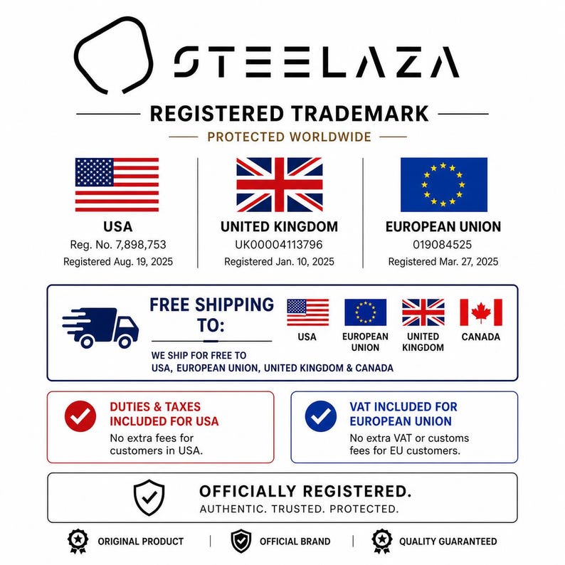 Op de afbeelding: Een witte informatieve afbeelding met de zwarte tekst STEELAZA en de zin REGISTERED TRADEMARK PROTECTED WORLDWIDE. Het toont vlaggen voor de VS, het VK en de EU met registratienummers, plus iconen voor gratis verzending en belastingdetails.