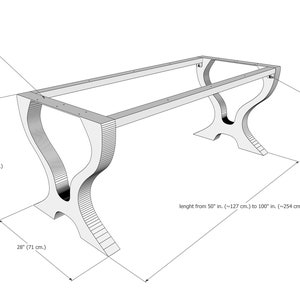 May include: A metal table base with a rectangular top and two curved legs. The base is 28 inches wide and 28 inches long. The table base can be adjusted to fit a table top from 50 inches to 100 inches long. The base is made of metal and has holes for bolts.