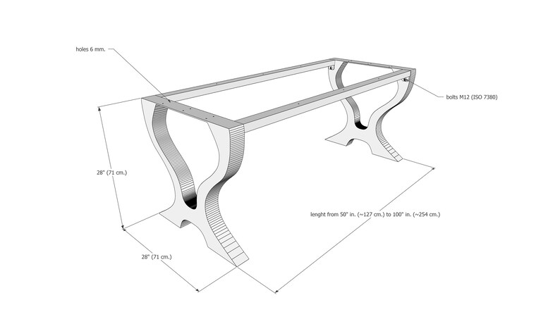 May include: A metal table base with a rectangular top and two curved legs. The base is 28 inches wide and 28 inches long. The table base can be adjusted to fit a table top from 50 inches to 100 inches long. The base is made of metal and has holes for bolts.