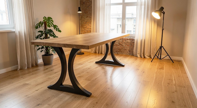 May include: A rectangular dining table featuring a thick, natural light brown wooden top with a smooth grain finish. The table is supported by two distinct, curved black metal legs that flare outward at the base, providing a stable foundation.