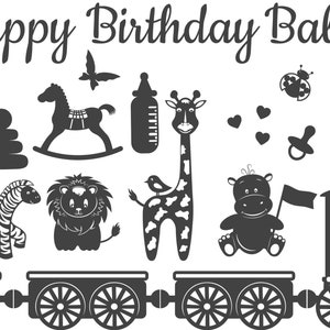 May include: Black and white illustration of a train with various baby toys including a rocking horse, giraffe, elephant, zebra, lion, hippopotamus, and a set of stacking rings. The text "Happy Birthday Baby" is at the top of the image.