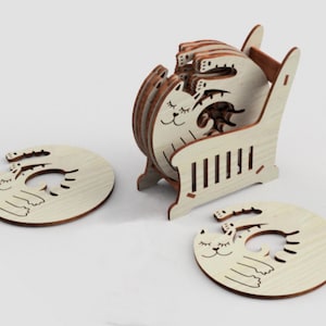 Laser cut cat coasters with engraving, including box in the shape of an armchair, file for laser cutting