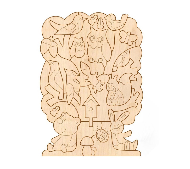 May include: Wooden craft kit featuring a tree with a birdhouse, a squirrel, a bear, a rabbit, a ladybug, a mushroom, and several birds. The kit is designed for painting and decorating.