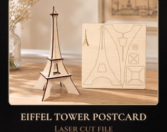 Postal de la Torre Eiffel cortada con láser, modelo 3D de París en formato SVG para descarga digital.