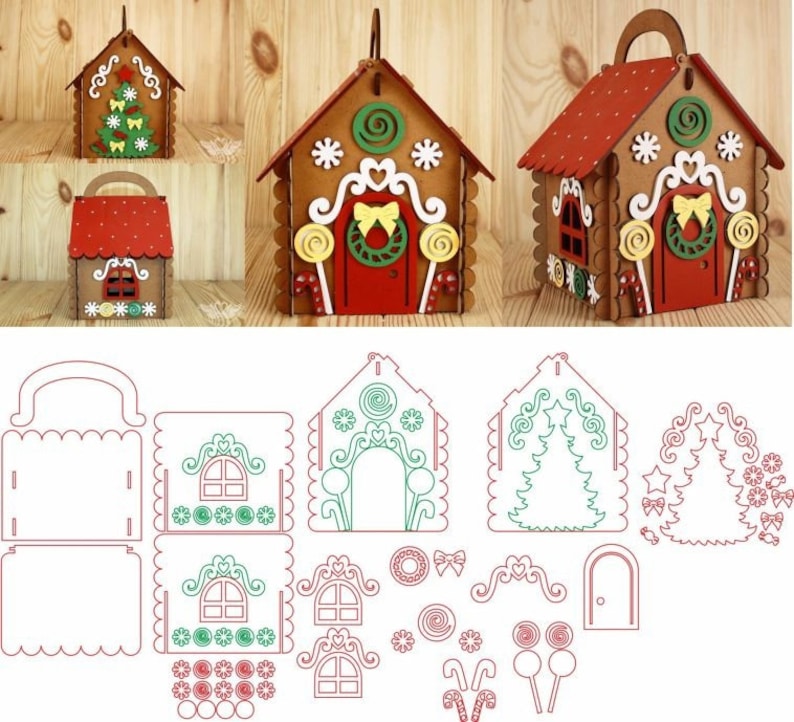 May include: A gingerbread house craft kit with a red roof, white trim, and a green door. The kit includes a variety of pieces to assemble the house, including windows, a chimney, and a candy cane.