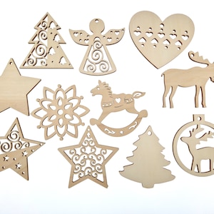 クリスマス デコレーションのバンドル、11 種類のデザイン、dxf、PDF、SVG、AI、レーザー カット用ファイル、レーザー デザイン、天使、クリスマス ツリー、ハート型、星
