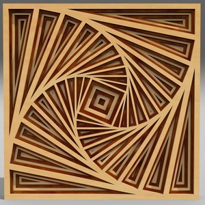 May include: A square wooden panel featuring a geometric design of overlapping squares in shades of brown. The design creates a swirling, hypnotic effect.