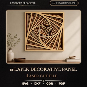 May include: A square 12-layer decorative panel laser cut file featuring a geometric spiral pattern with concentric wooden frames. The design displays a central square surrounded by repeating angular shapes that create a deep, layered effect.