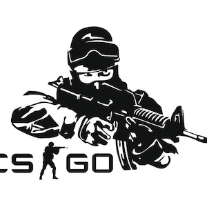 May include: Black and white illustration of a person wearing a helmet and holding a rifle. The text "CS GO" is below the image.