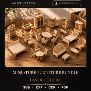 Miniature Furniture Bundle Laser Cut File, 38-Piece Dollhouse SVG Digital Download