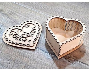 Caixa em formato de coração SVG, caixa de presente de madeira cortada a laser, caixa de dia dos namorados, armazenamento de joias em forma de coração, arquivos vetoriais para corte a laser CNC