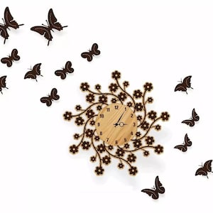 May include: A wooden clock with a floral design and a brown face. The clock is surrounded by 12 small butterflies, all facing different directions.