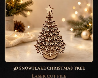 Archivo de corte láser 3D para árbol de Navidad con copos de nieve, decoración navideña de madera (descarga digital)