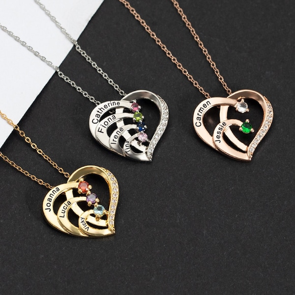 Collier prénom personnalisé avec pierre de naissance gravée, collier cadeau fête des mères, bijoux de famille avec prénom, collier prénom coeur, meilleur cadeau d'anniversaire