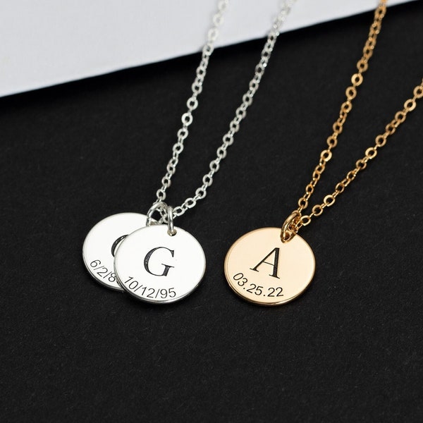 Custom Initial and Date Necklace,Double Initial Disc Necklace,Engraved Letter Necklace for Mom,Personalized Jewelry for Her,Mothers Day Gift