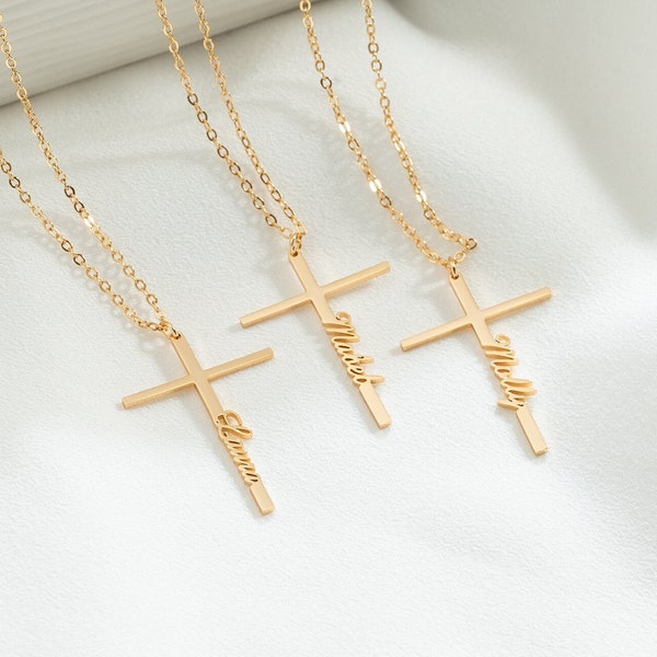 Collier croix nom personnalisé, cadeau de baptême, collier croix personnalisé avec nom, cadeaux chrétiens pour baptême, cadeau d'anniversaire, cadeaux pour elle