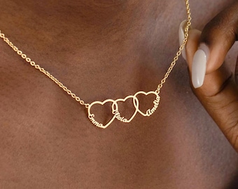 Collar de corazones con nombre personalizado, collar con nombre familiar personalizado, collar con varios corazones, collar para mamá con nombres de niños, regalo familiar para mamá