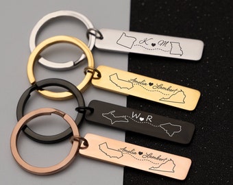 State/Country Map Keychain, Long Distance Relationship Gift, Engraved Stainless Steel KeyChain,  Birthday Gift Boyfriend, Personalized Gifts
