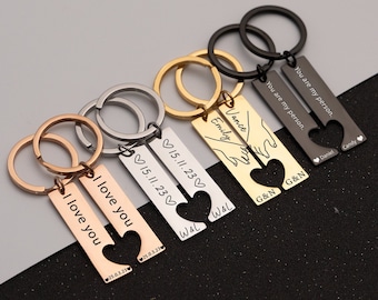 Couple Keychain Set Heart, Personalised 2 Pcs Matching Couple Keyring, Gift for Him Her, Engraved Keychain, Customised Keychain ,Bag Tags