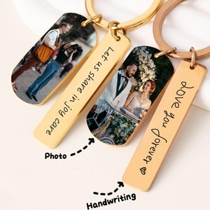 May include: A gold and rose gold keychain with two charms. One charm has a photo of a couple and the text "Let us share in joy & care". The other charm has the handwritten text "Love you forever".